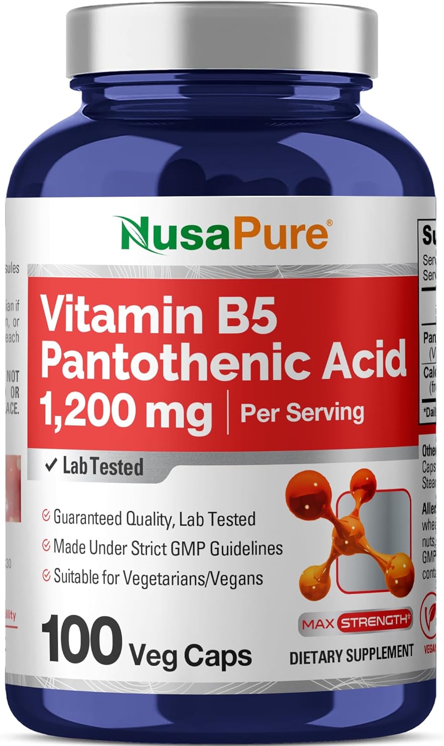 NusaPure Vitamin B5 Pantothenic Acid 1,200mg Per Serving, 100 Capsules - Vegetarian and Vegan, Non-GM Dietary Supplement - görsel 1