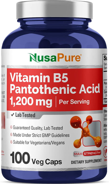 NusaPure Vitamin B5 Pantothenic Acid 1,200mg Per Serving, 100 Capsules - Vegetarian and Vegan, Non-GM Dietary Supplement