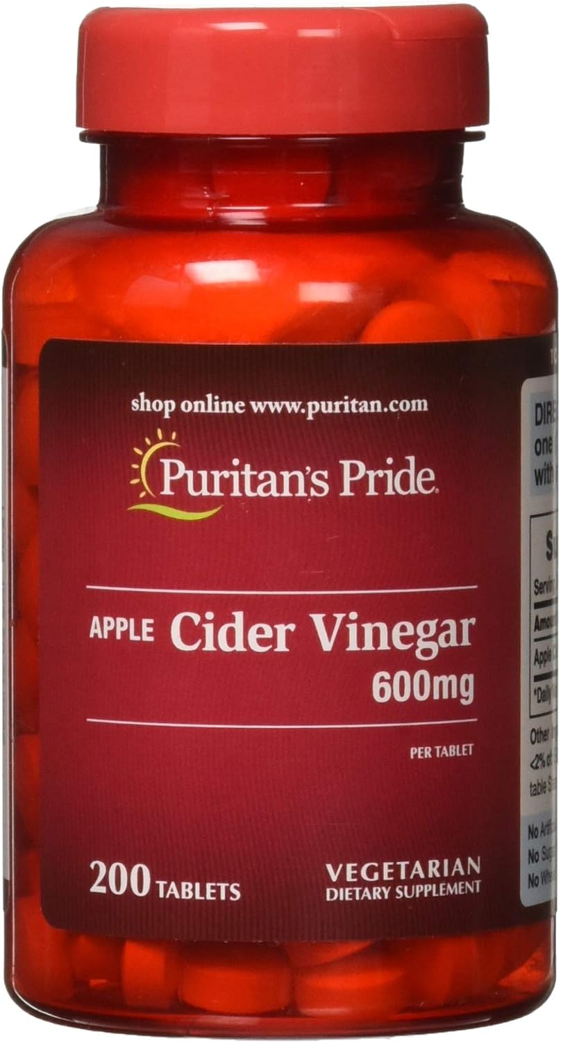 Puritan's Pride Apple Cider Vinegar 600 mg, Vegetarian Food Supplement, 200 Tablets - görsel 1