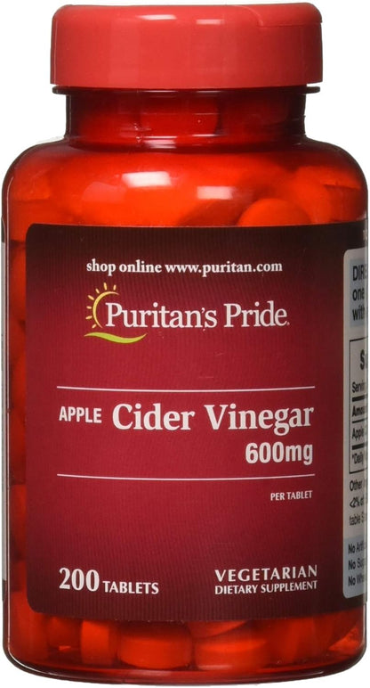 Puritan's Pride Apple Cider Vinegar 600 mg, Vegetarian Food Supplement, 200 Tablets