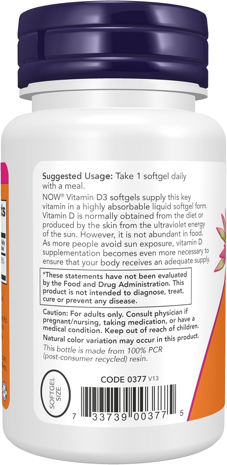 NOW Foods Supplements, Vitamin D-3 2,000 IU, High Potency, Structural Support*, 240 Softgels - görsel 3
