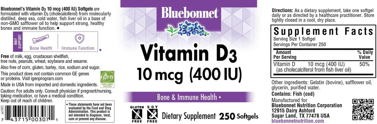 BlueBonnet Vitamin D3 400 IU Vegetable Capsules, 250 Capsules - görsel 2