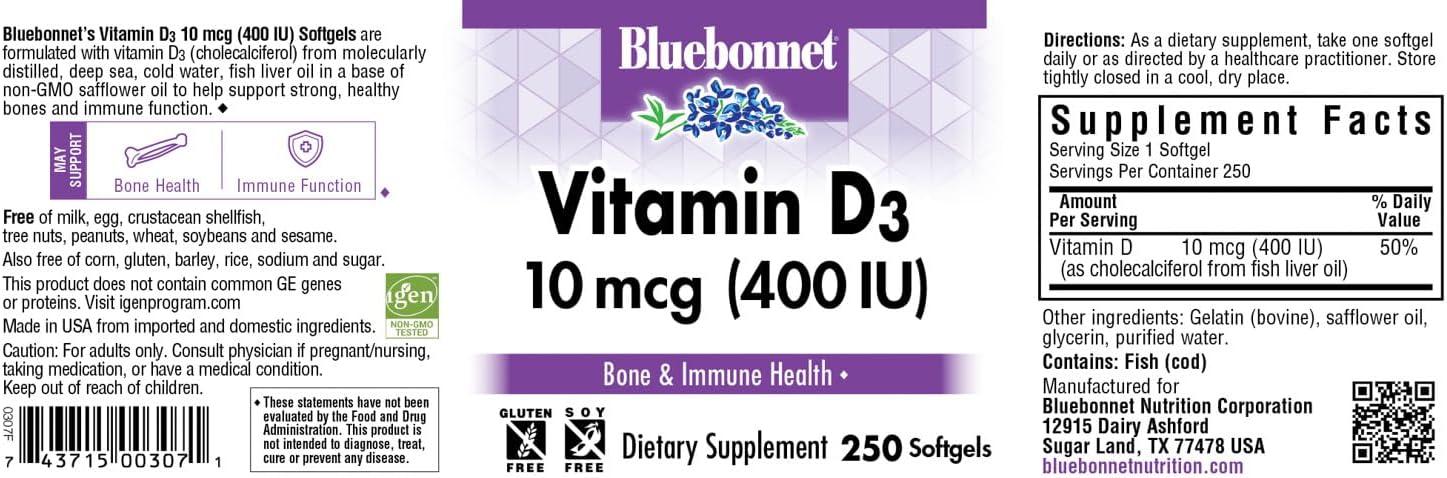BlueBonnet Vitamin D3 400 IU Vegetable Capsules, 250 Capsules - görsel 2