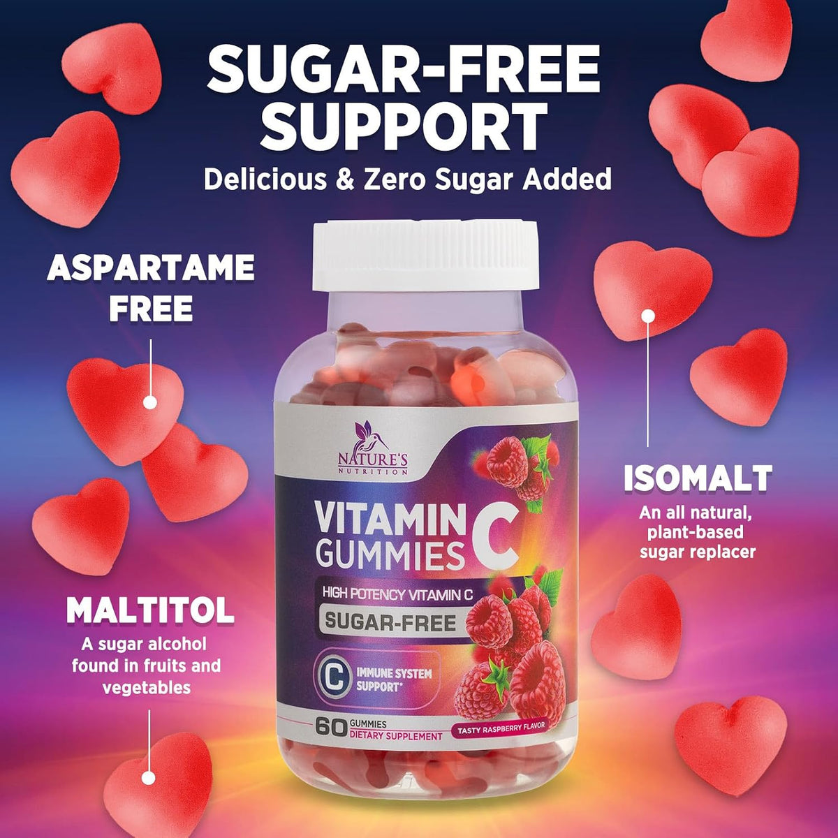Zero Sugar Vitamin C Gummies – Immune Support & Antioxidant Supplement – Vegan, Non-GMO, Gluten-Free – Raspberry Flavour (60 Count) - görsel 7