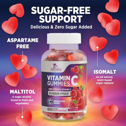 Zero Sugar Vitamin C Gummies – Immune Support & Antioxidant Supplement – Vegan, Non-GMO, Gluten-Free – Raspberry Flavour (60 Count)