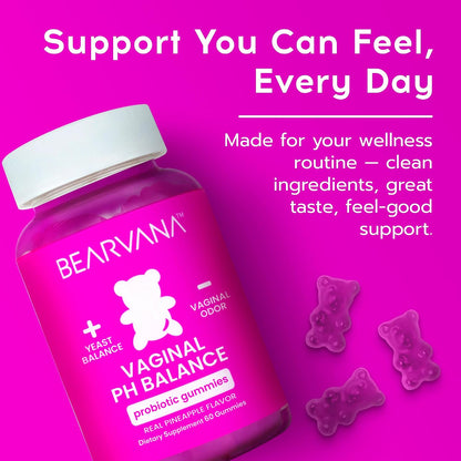 BEARVANA Vaginal pH Support & Probiotic Gummies for Women | Feminine Wellness & Intimate Care Supplement with Vitamin C | Pineapple Flavour | 60 Gummies