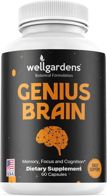 100% Pure Brain Supplements for Memory, Focus and Cognition – Daily Support for Mental Clarity with Bacopa, Magnesium, Vitamin B6, Phosphatidylserine – Non-GMO, Gluten-free
