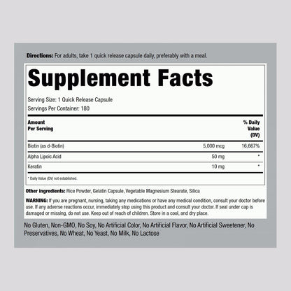 Piping Rock Biotin 5000mcg with Keratin and Alpha Lipoic Acid – 180 Capsules