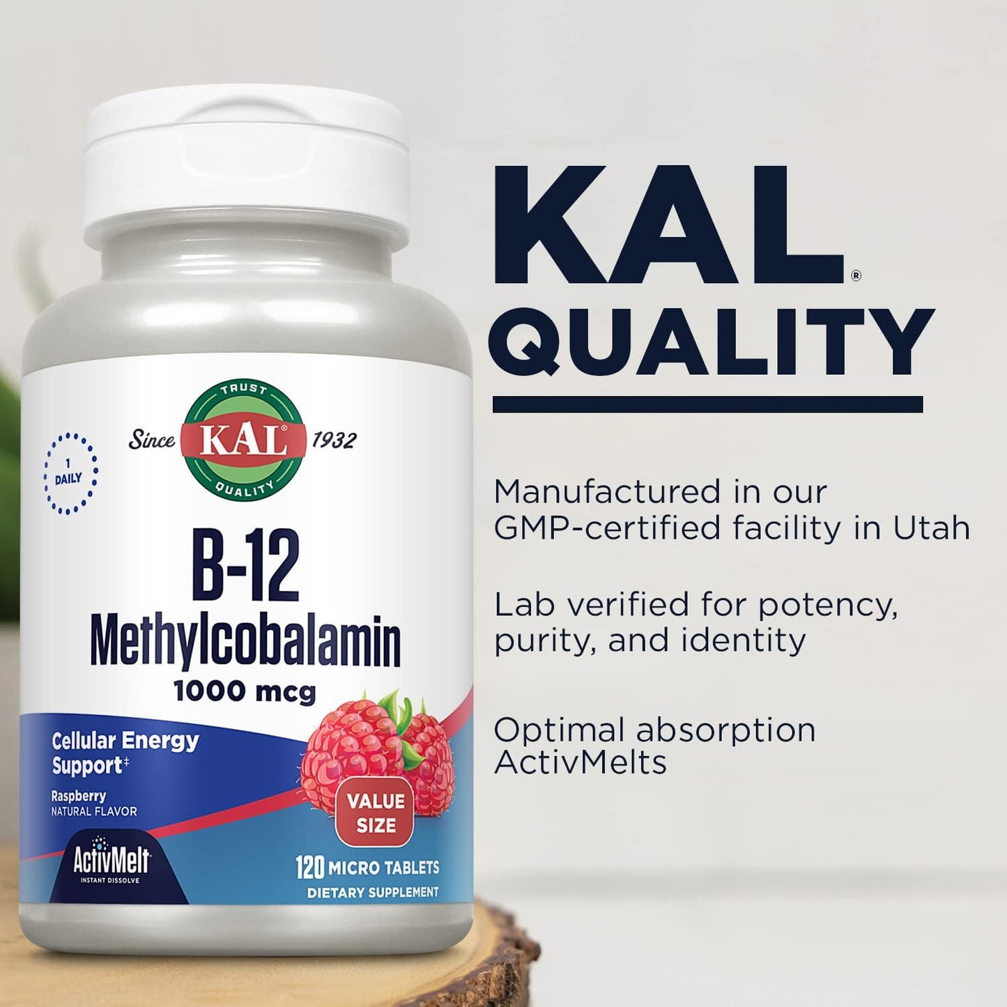 KAL Vitamin B12 Methylcobalamin 1000mcg - Fast Dissolve Sublingual Micro Tabs, Natural Raspberry Flavour, 120 Servings - görsel 3