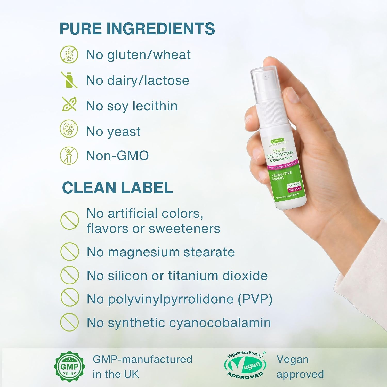 Igennus Triple Vitamin B12 Complex 5000mcg, Liquid Sublingual Spray, 45 Servings, Natural Cherry Flavour, Vegan - görsel 5