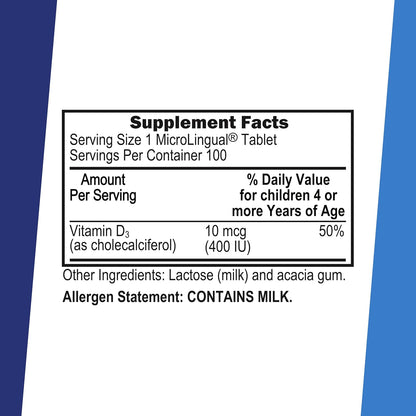 Superior Source Children's Vitamin D3 400 IU – Teeth, Bone & Immune Support Supplement for Children – Non-GMO – 100 MicroLingual Dissolvable Tablets