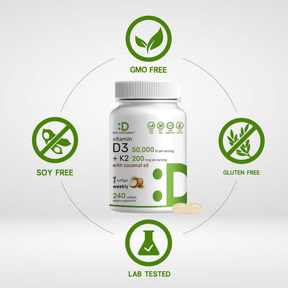 DEAL SUPPLEMENT Vitamin D3 50,000 IU + K2 MK7 200mcg Soft gel capsule Capsules, 240 Count