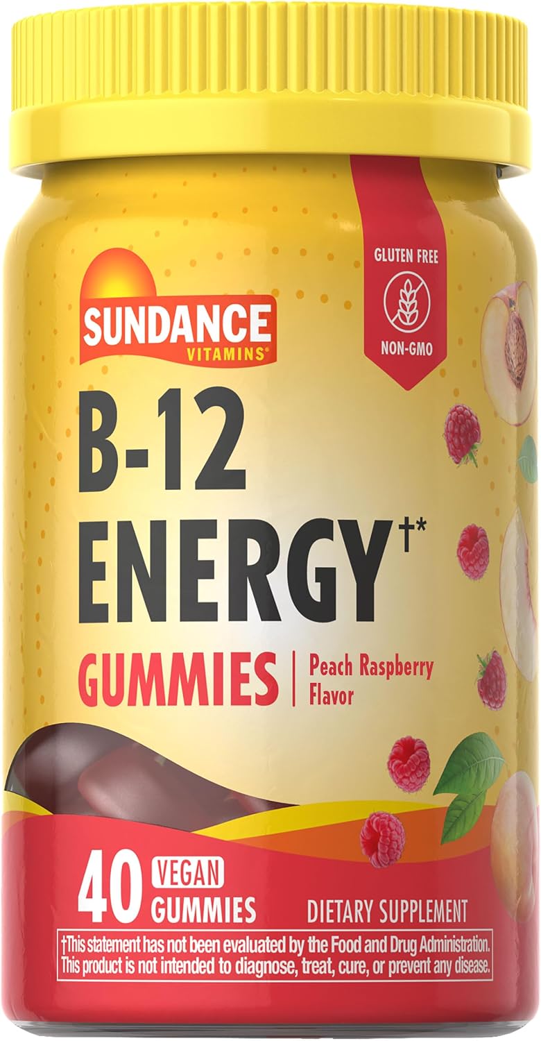 Sundance Vitamins B-12 Energy Gummies | Peach Raspberry Flavour | 40 Gummies | Vegan | Non-GM and Gluten-free - görsel 1