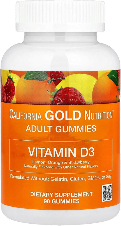 California Gold Nutrition Vitamin D3 Gummies, Lemon, Orange, & Strawberry, 90 Gummies (25 mcg (1,000 IU per Gummy))