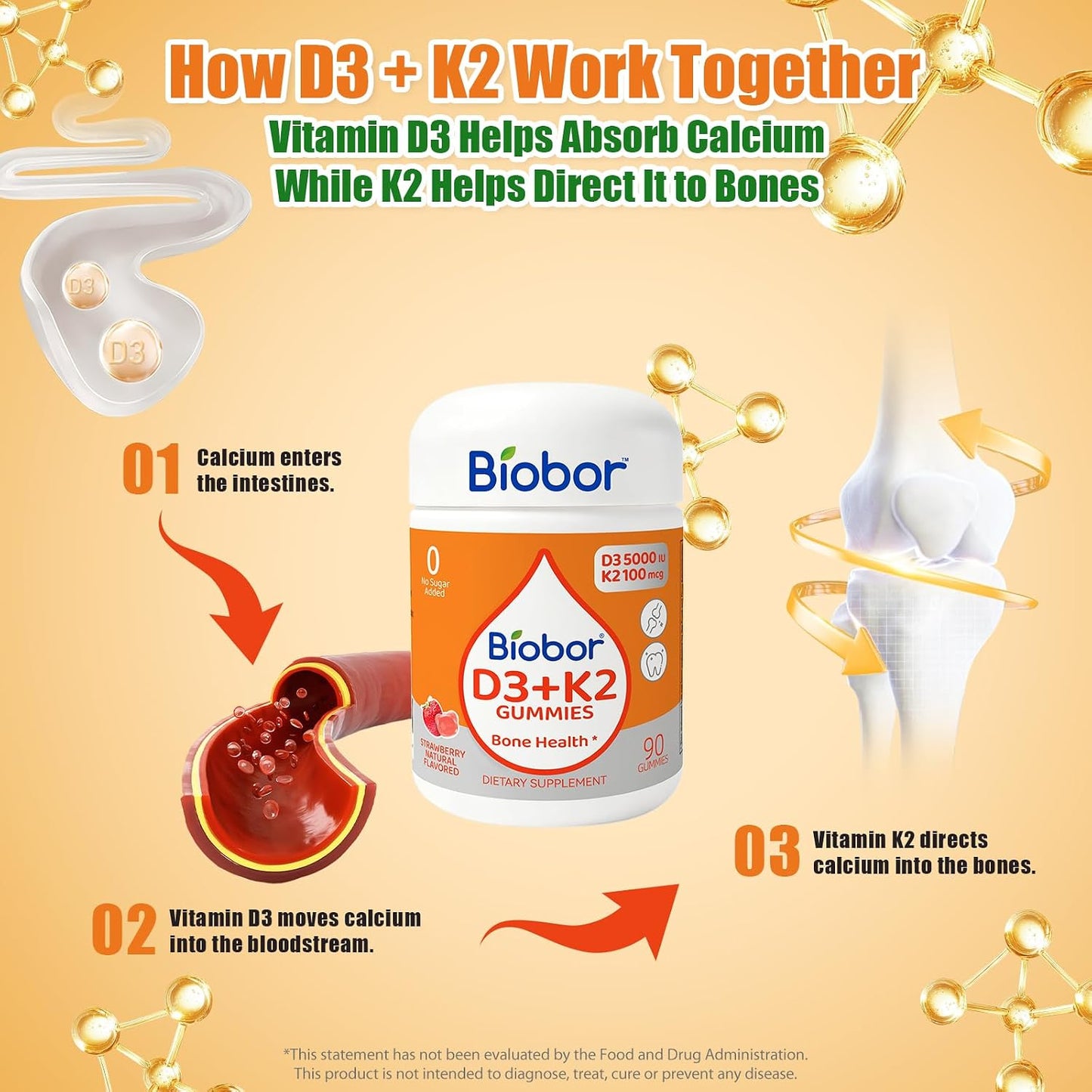 Biobor Natural Vitamin D3 K2 Gummies - 5000 IU D3 + 100 mcg MK-7 (90 Count) - görsel 4