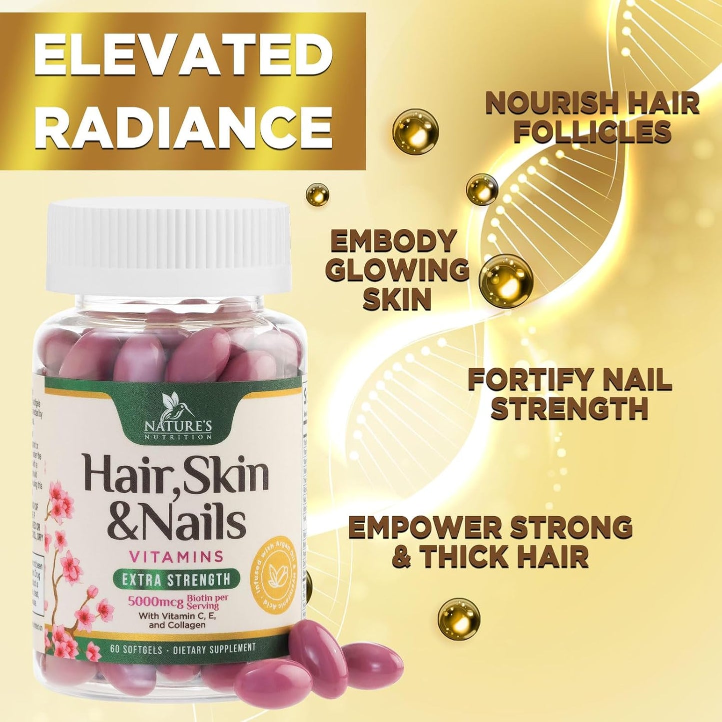 Nature's Nutrition Hair, Skin and Nails Vitamins - Biotin 5000mcg with Collagen, Argan Oil & Hyaluronic Acid - 60 Soft gel capsules - görsel 6