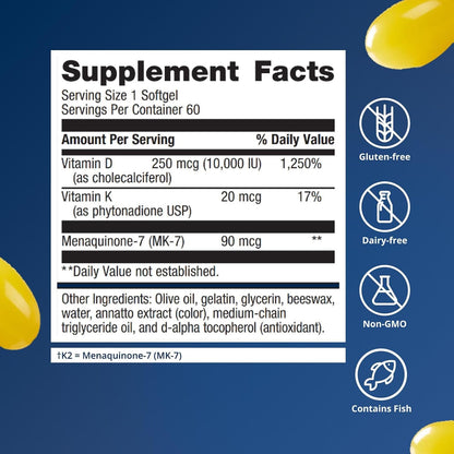 Metagenics Vitamin D3 and Vitamin K2 10,000 IU with MK-7 – 60 Softgels