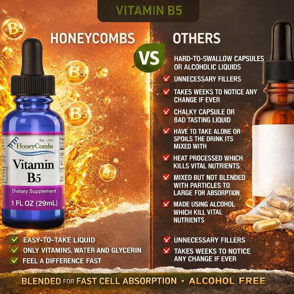 HoneyCombs Vitamin B5 Drops – Liquid Pantothenic Acid Supplement, Vegan, Fast Absorbing, 50 mg per Serving (500% NRV) - görsel 7
