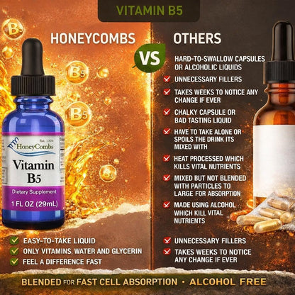 HoneyCombs Vitamin B5 Drops – Liquid Pantothenic Acid Supplement, Vegan, Fast Absorbing, 50 mg per Serving (500% NRV)
