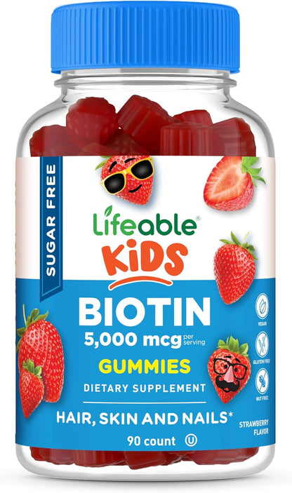 Lifeable Sugar Free Kids Biotin Gummies | 5000 mcg | Great Taste Biotin Supplement for Hair, Skin and Nail Health | Hair Vitamins for Kids, Boys and Girls | 90 Gummies