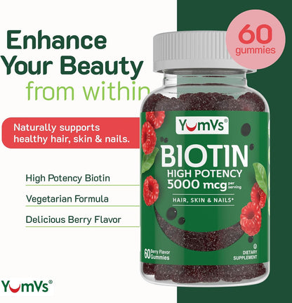 YUM-V'S YumVs Biotin Gummies 5000mcg | Luscious Raspberry Flavour | Hair, Skin & Nails Vitamins for Women and Men (60 Count, Pack of 2)