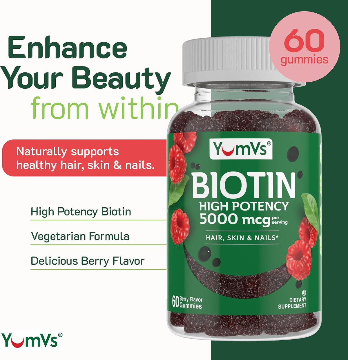 YumVs Biotin Gummies 5000mcg - Luscious Raspberry Flavour - Hair, Skin & Nails Supplement - 60 Count - görsel 2