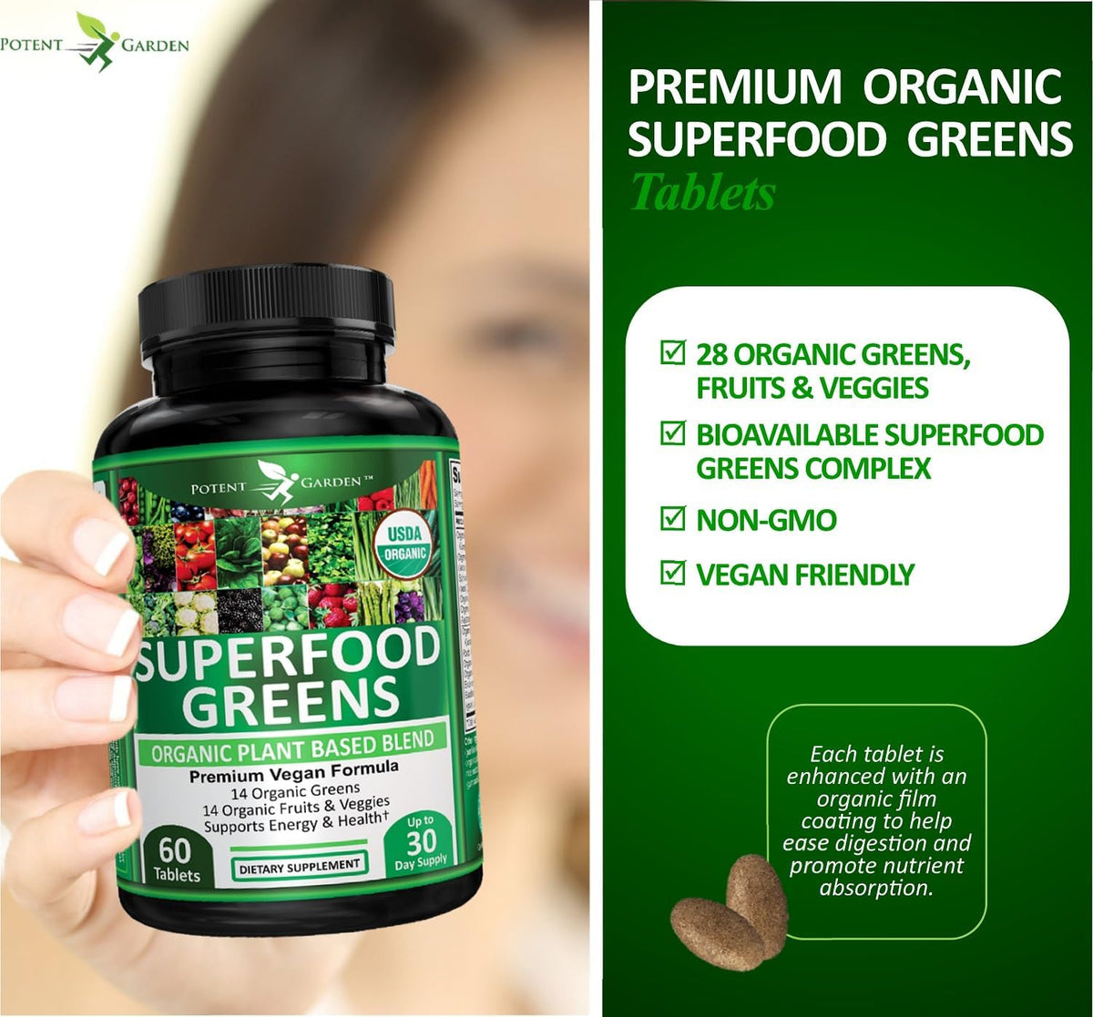 Potent Garden Super Greens Capsules - Organic Fruits and Vegetables Supplement, 60 Capsules - görsel 5