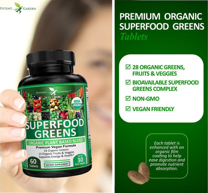 Potent Garden Super Greens Capsules - Organic Fruits and Vegetables Supplement, 60 Capsules