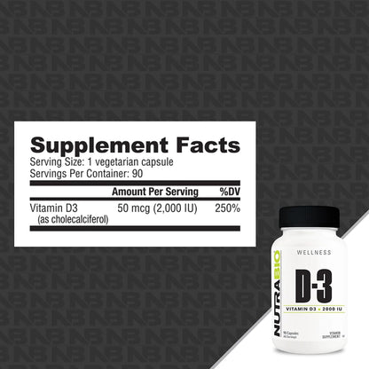 NutraBio Vitamin D (2000 IU), Immune Support - 90 Vegetable Capsules