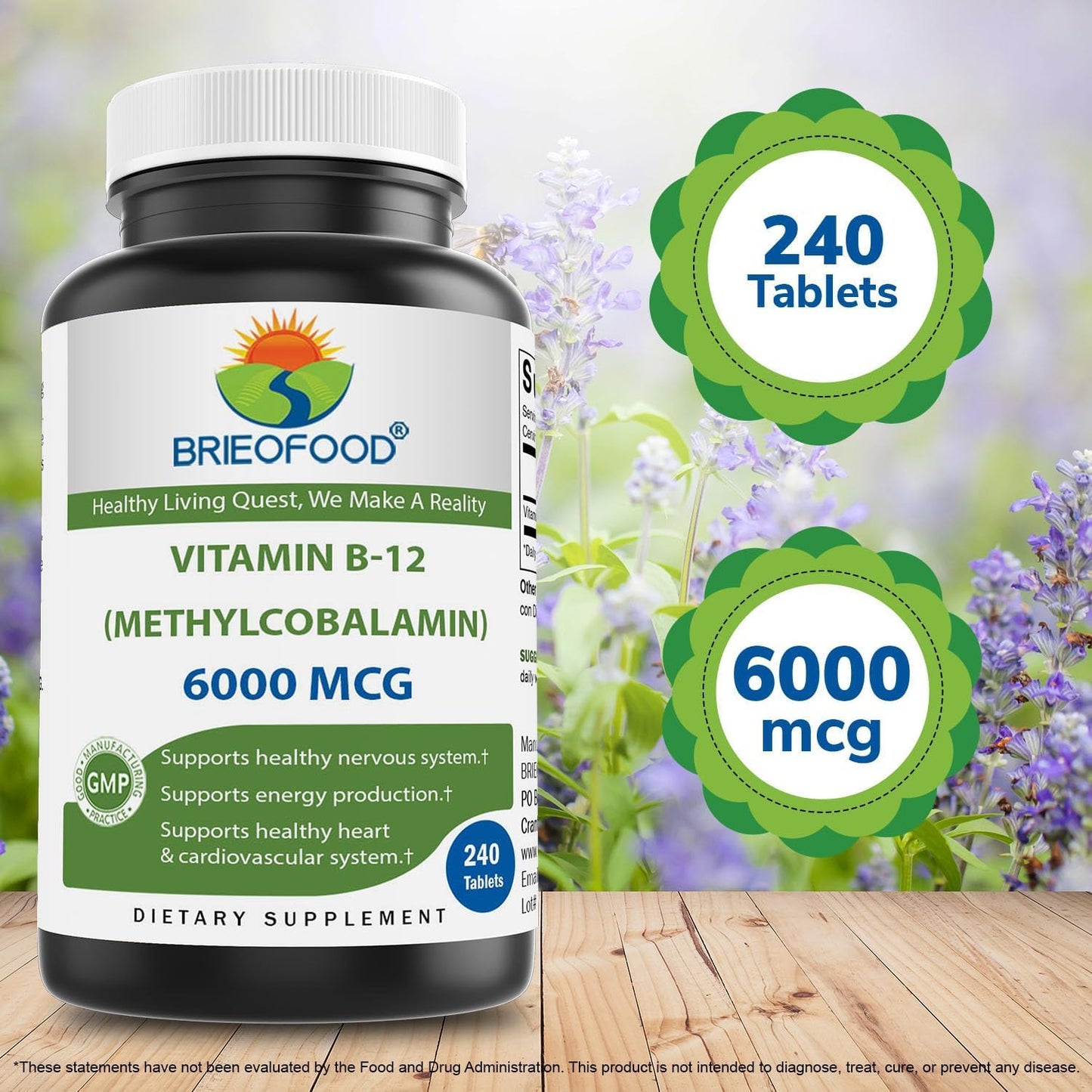 Brieofood Vitamin B-12 (Methylcobalamin) 6000 mcg, 240 Tablets - Non-GMO, Gluten-free - görsel 3