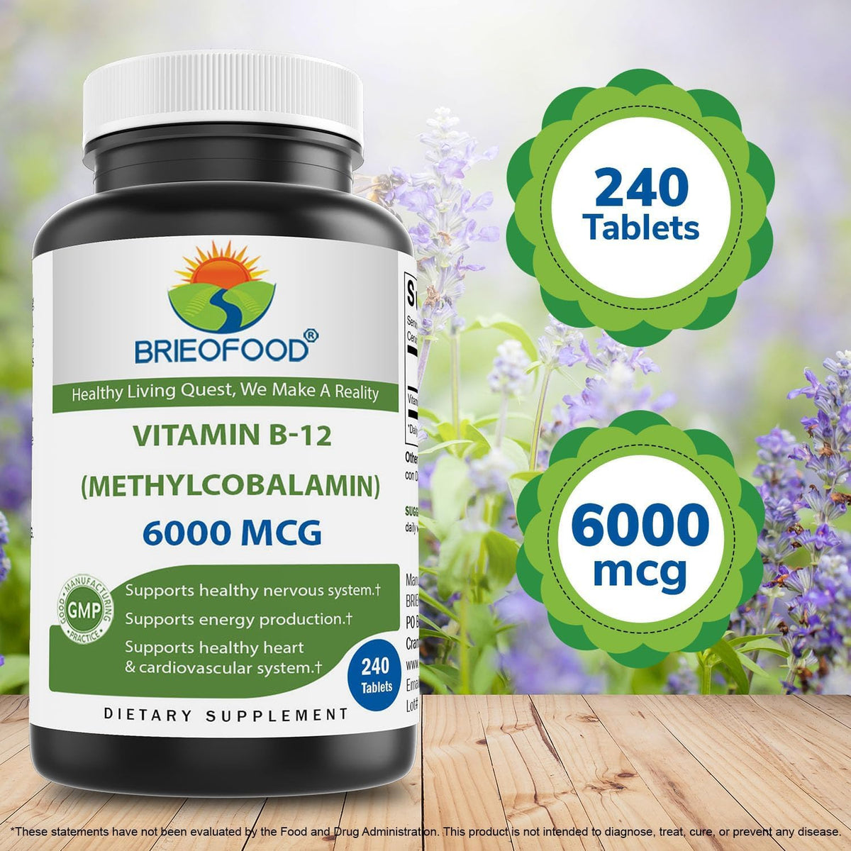 Brieofood Vitamin B-12 (Methylcobalamin) 6000 mcg, 240 Tablets - Non-GMO, Gluten-free - görsel 3