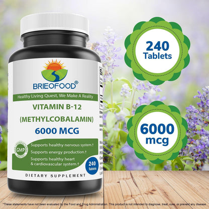 Brieofood Vitamin B-12 (Methylcobalamin) 6000 mcg, 240 Tablets - Non-GMO, Gluten-free