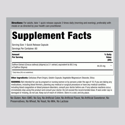 Ultimate Saffron Extract 88.5 mg, 60 Quick Release Capsules