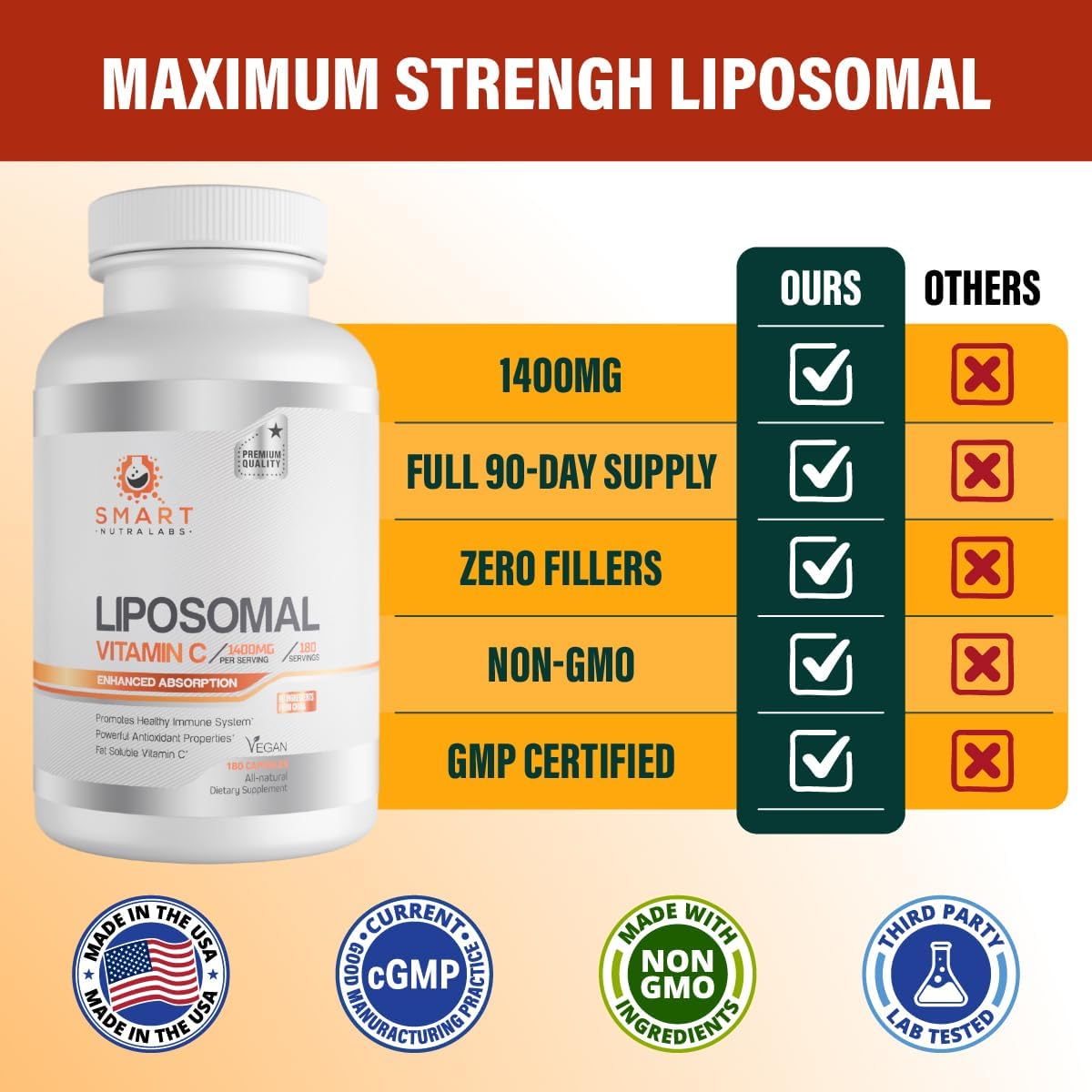 Liposomal Vitamin C 1400mg, 180 Vegan Capsules – Smart Nutra Labs - görsel 4