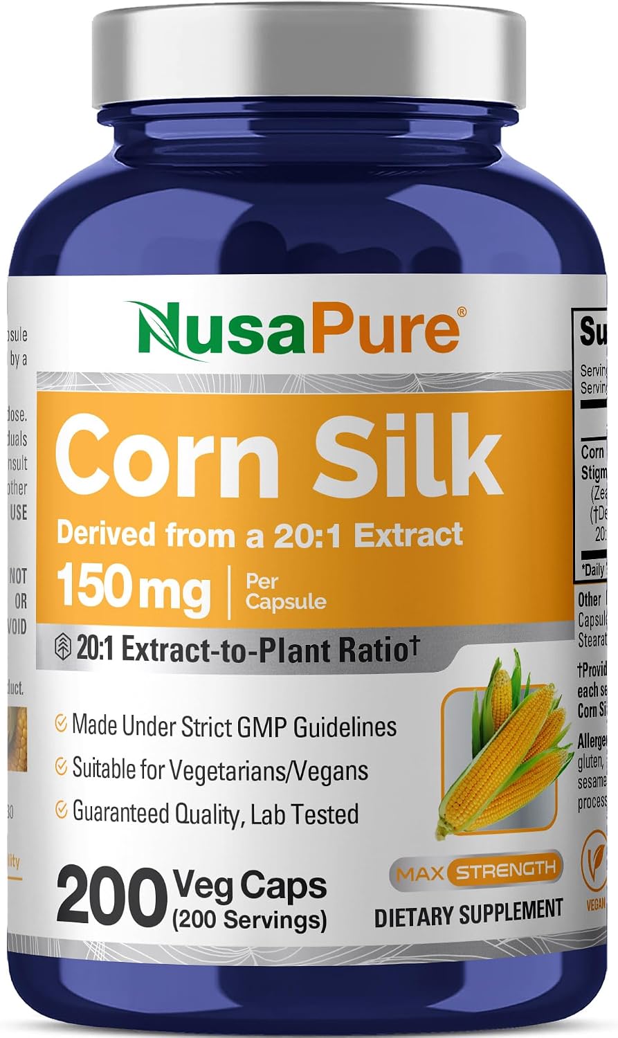NusaPure Corn Silk Capsules, 150 mg, 200 Veg Capsules (Non-GMO, Vegan) - görsel 1