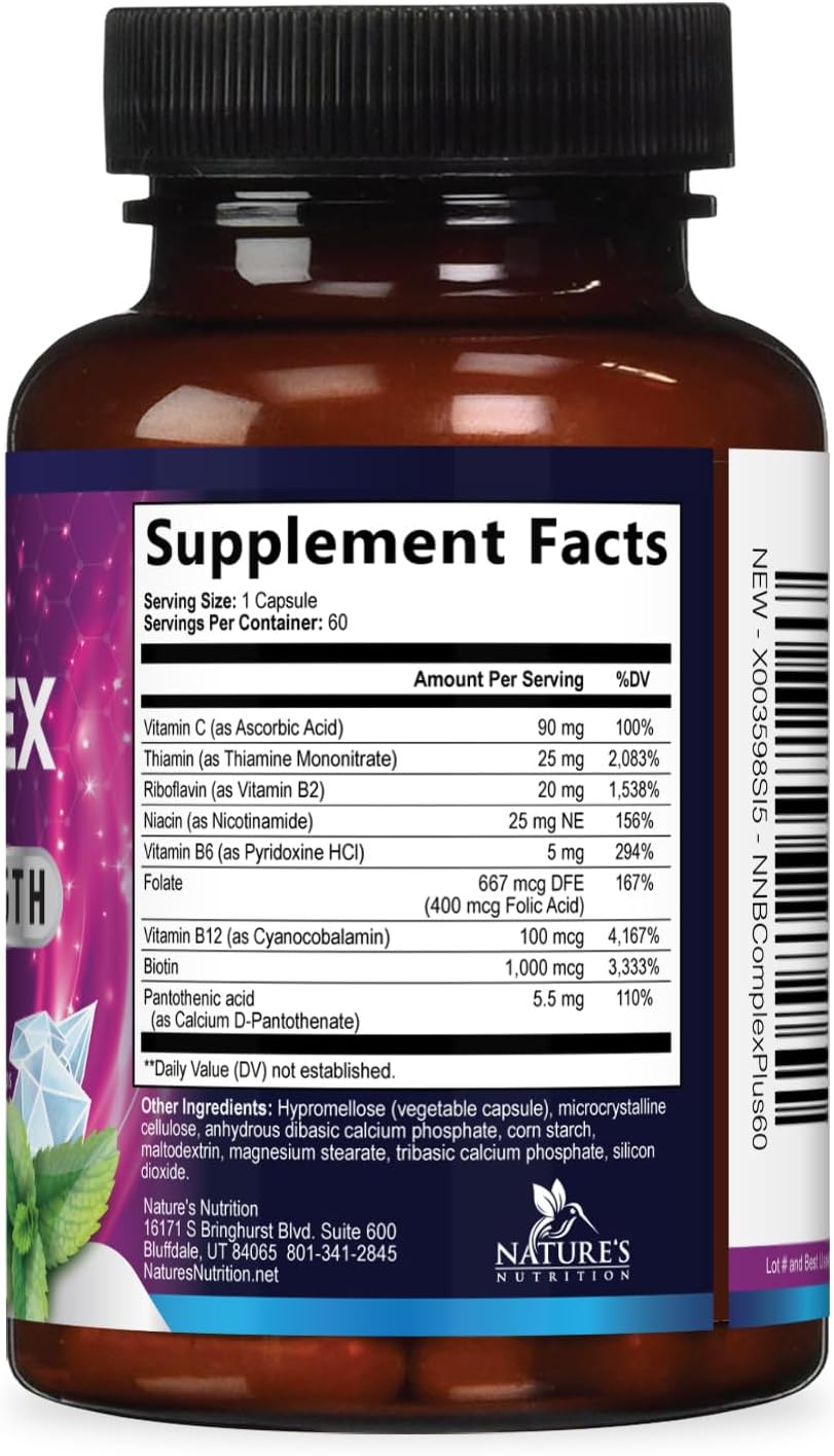 B Complex Vitamins Capsules - Super Complete B-100 Complex with Vitamin B12, B6, C, Biotin, Folate & Folic Acid for Immune & Energy Support - Supplement for Heart, Brain, & Nerve Support - 60 Capsules - görsel 9