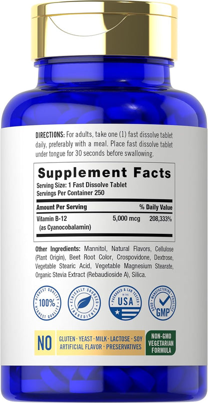 Carlyle Vitamin B12 5000 mcg Sublingual Tablets, 250 Count - High Potency, Natural Berry Flavour, Vegetarian, Non-GM & Gluten-free