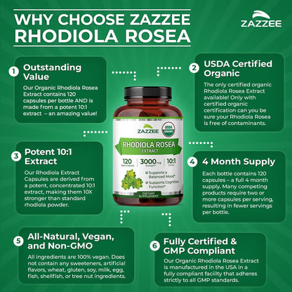 Zazzee USDA Organic Rhodiola 10:1 Extract - 120 Capsules (4-Month Supply)