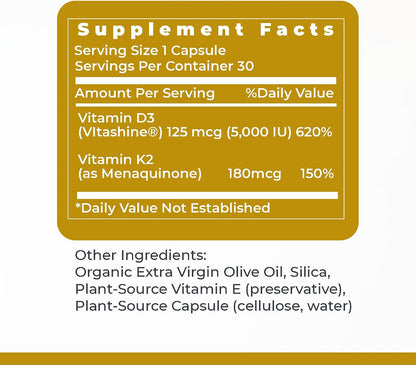 Premier Research Labs Vitamin D3 + K2 Supplement, 5000 IU, 30 Capsules