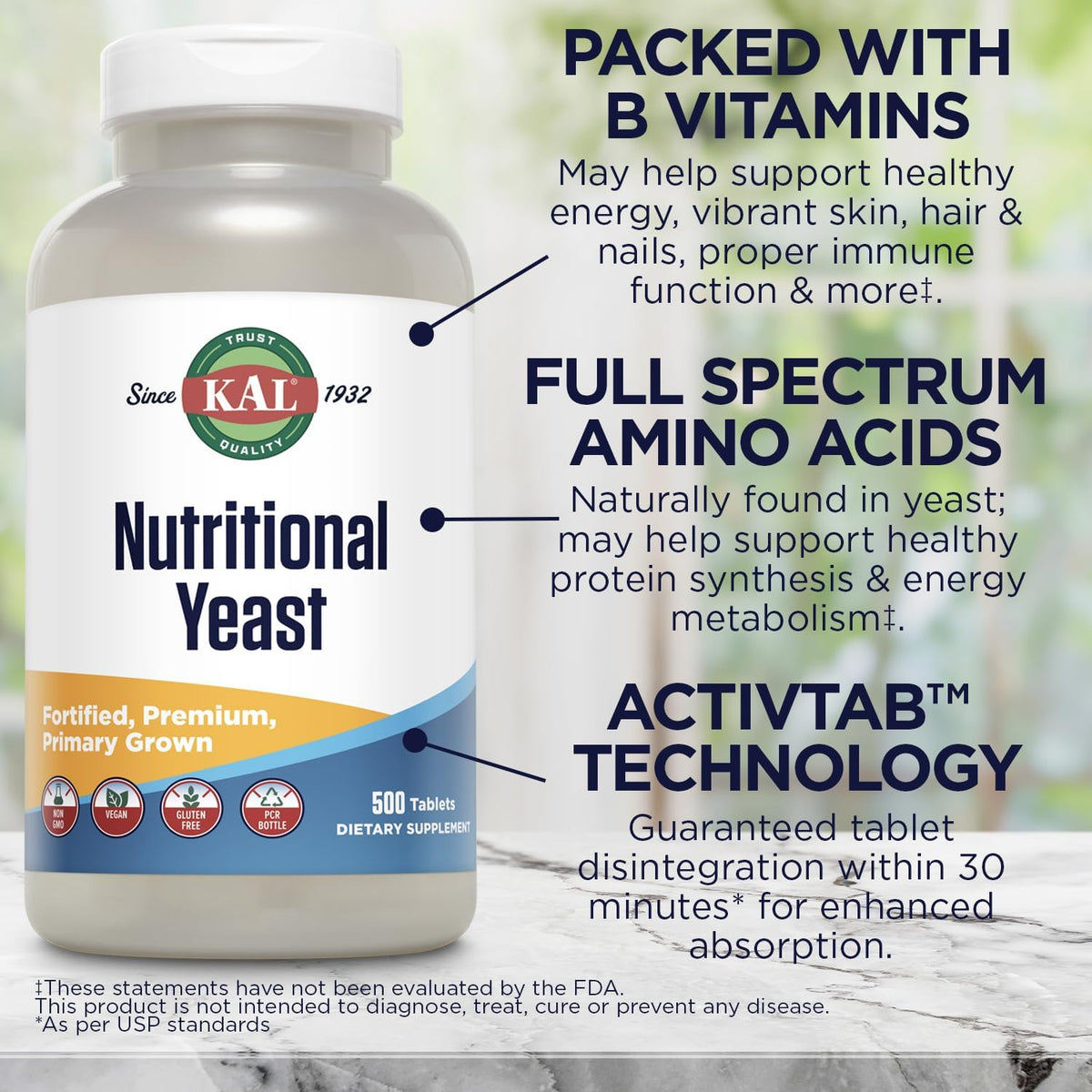 KAL Nutritional Yeast Supplement – Fortified with B Vitamins, Biotin, Folic Acid and Amino Acids – 500 Tablets - görsel 4
