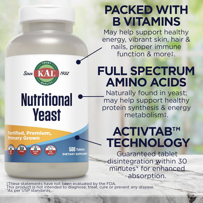KAL Nutritional Yeast Supplement – Fortified with B Vitamins, Biotin, Folic Acid and Amino Acids – 500 Tablets