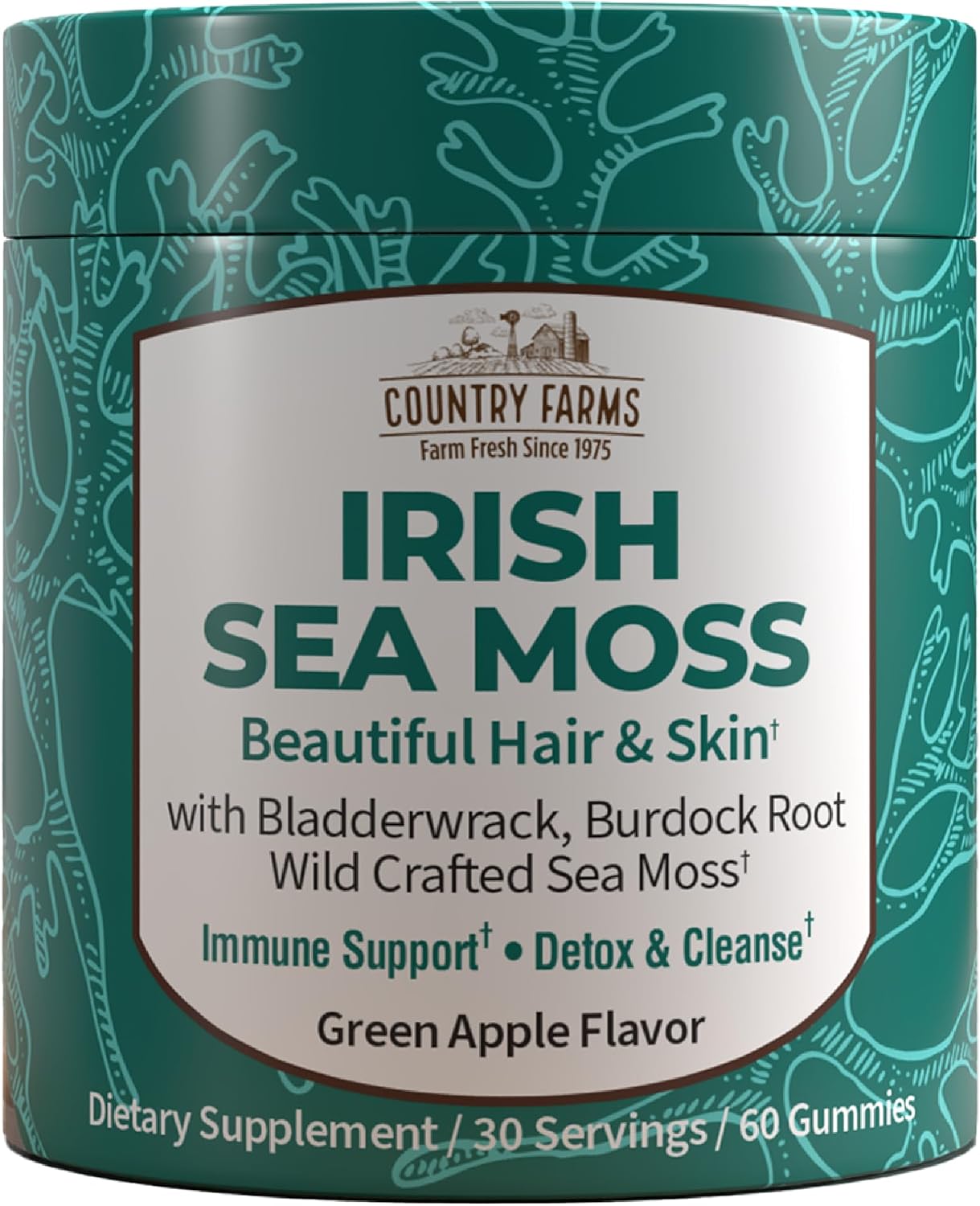 Country Farms Irish Sea Moss Gummies - 2000mg Triple Blend (Irish Moss, Burdock Root, Bladderwrack) - Vegan, Gluten-free - Green Apple - görsel 1