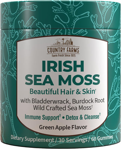 Country Farms Irish Sea Moss Gummies - 2000mg Triple Blend (Irish Moss, Burdock Root, Bladderwrack) - Vegan, Gluten-free - Green Apple
