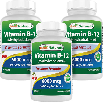 Best Naturals Vitamin B-12 as Methylcobalamin (Methyl B12) 6000 mcg Sublingual Tablets, 180 Count (3 Pack)