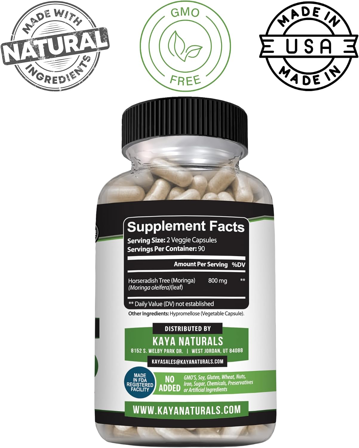 Kaya Naturals Moringa Leaf Extract - Complete Greens Superfood Supplement - Pure Miracle Tree Moringa - Boost Energy Naturally - Nutrient Dense Vitamins for Adult - 180 Veggie Count - görsel 3