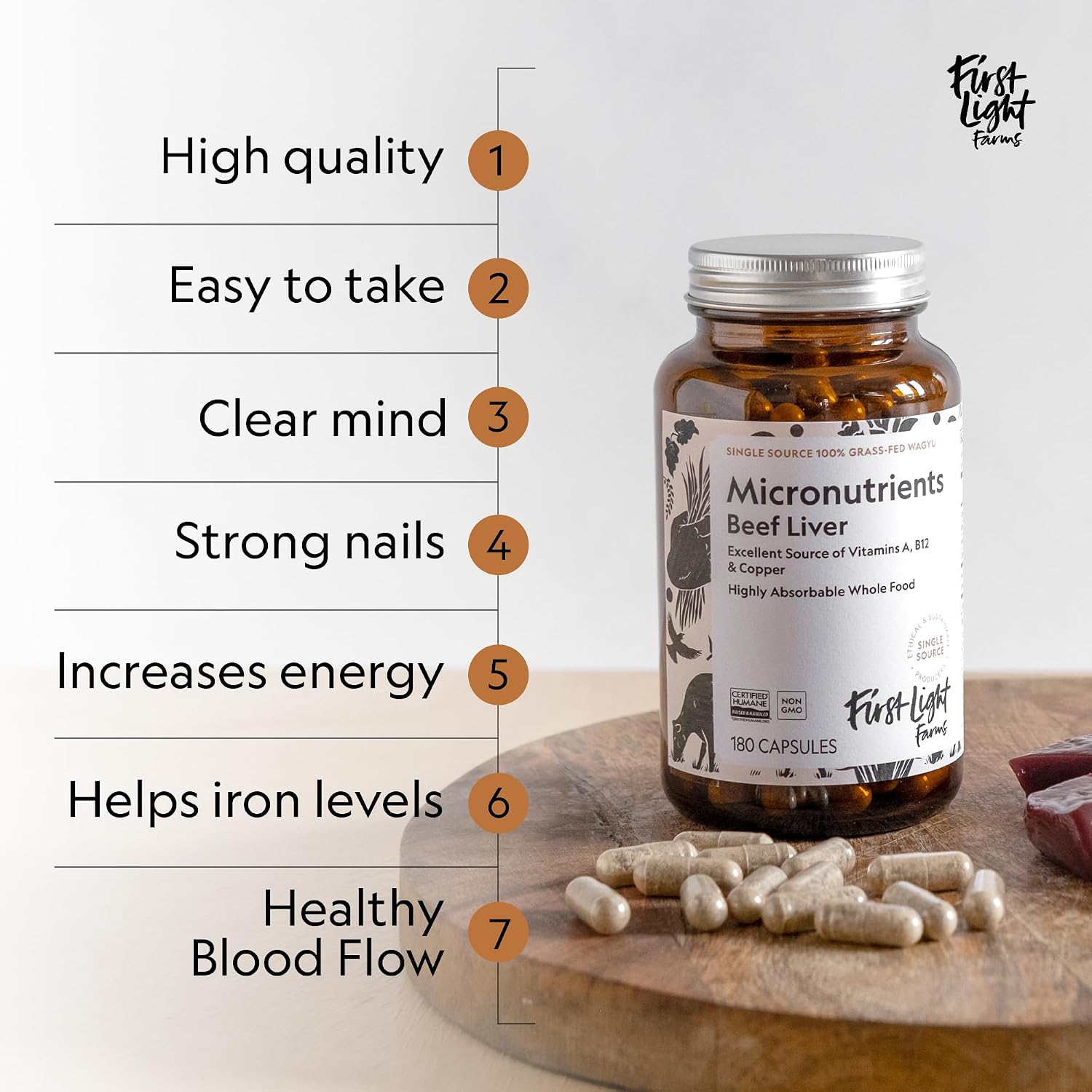 First Light Farms Grass-Fed Beef Liver Capsules - Freeze-Dried, 180 Capsules - görsel 7