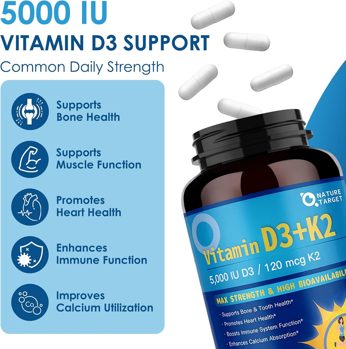 NATURE TARGET Vitamin D3 K2 with Calcium & Magnesium - 6-in-1 Complex for Bone, Heart and Immune Support - görsel 3