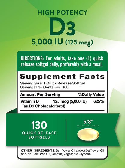 Nature's Truth Vitamin D3 5000 IU Softgels – 130 Count