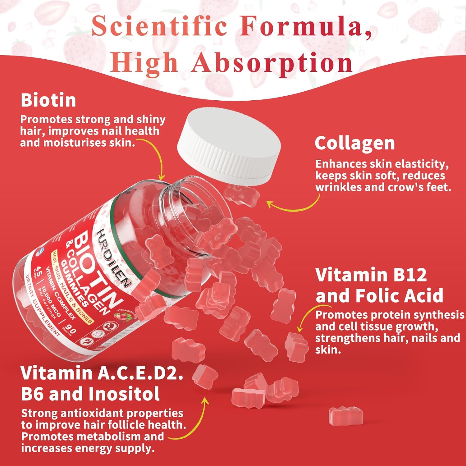 Hurdilen Hair, Skin and Nails Gummies - 10000mcg Biotin & Collagen, 90 Gummies for Women and Men - görsel 6