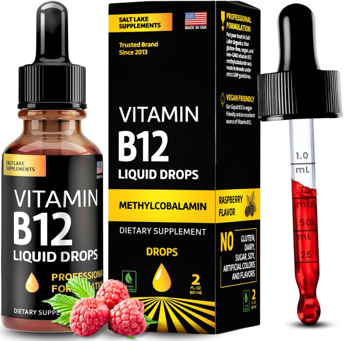 Vitamin B12 Liquid Drops, 5000 µg Methylcobalamin with B2, B3, B6 - Vegan Sublingual B Complex, Raspberry Flavour, 60 ml - görsel 1